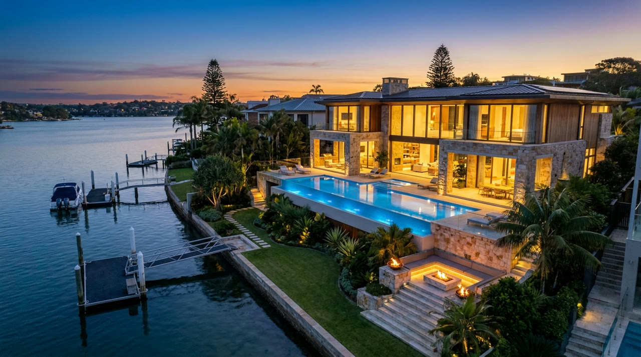 Aerial cinematic frame of a luxury waterfront home at dusk