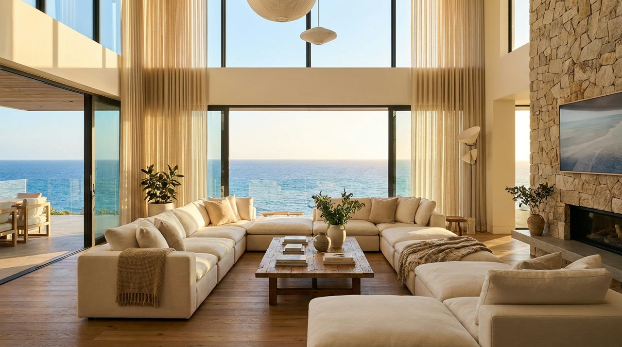 A cinematic interior frame from a Framehouse luxury property film