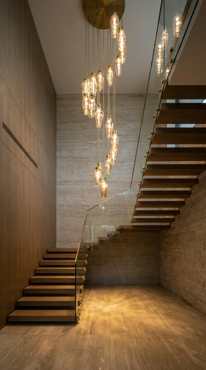 Vertical 9:16 social reel frame from a Framehouse concept film, luxury entry and staircase